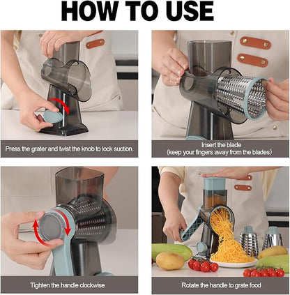 Cheese Grater Cheese Shredder with 3 Interchangeable Blades, Rotary Cheese Grater Manual Vegetable Slicer with Non-slip Suction Base Peanut Nuts Grinder Vegetable Shredder Clear - Image 8