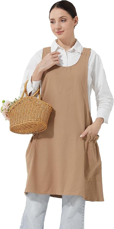 Cozy Adjustable Cross Back Aprons for Women with Pockets Cotton Linen Cooking Kitchen Baking