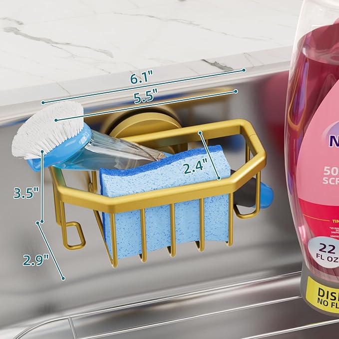 TAILI Sponge Holder for Kitchen Sink with Strong Suction Cup Removable, Rustproof Aluminum Sink Caddy for Sponge, Brush, Scrubber, Scraper -Gold - Image 3