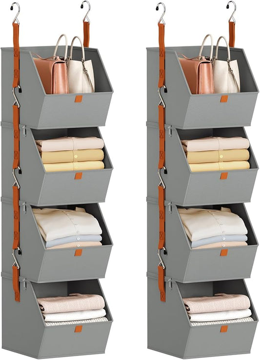 Homsorout Hanging Closet Organizer 4 Tier - Clothes Hanging Shelves, Space-Saving Closet System, Fabric Storage Bins Bedroom Organization, Collapsible Baskets for Home, Dorm, Rv, Grey, 8 Pack