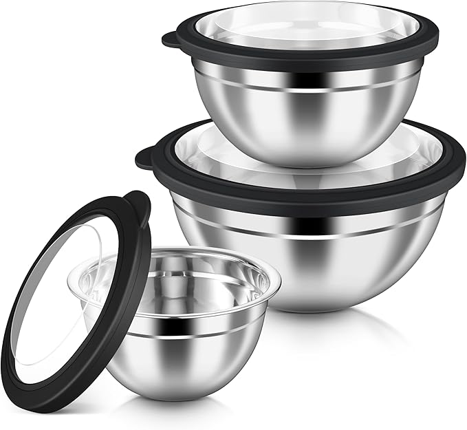 HaWare Mixing Bowls with Airtight Clear Lids, 6-Piece Stainless Steel Strong Nesting Bowls Set, Metal Salad Bowl for Cooking, Prepping, Baking, Serving & Food Storage, Size 4.6, 3, 1.5QT, Black by HaWare