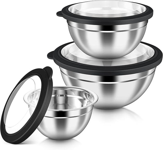 HaWare Mixing Bowls with Airtight Clear Lids, 6-Piece Stainless Steel Strong Nesting Bowls Set, Metal Salad Bowl for Cooking, Prepping, Baking, Serving & Food Storage, Size 4.6, 3, 1.5QT, Black by HaWare