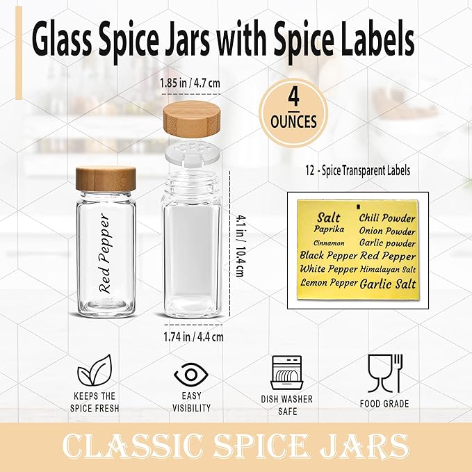 Glass Spice Jars with Bamboo Airtight Lids - (6 Pack) - 4 oz Square Spice Bottles with Shaker Lids - Clear Empty Shaker Seasoning Jars with Preprinted Spice Jars Labels and Collapsible Funnel Included - Image 3