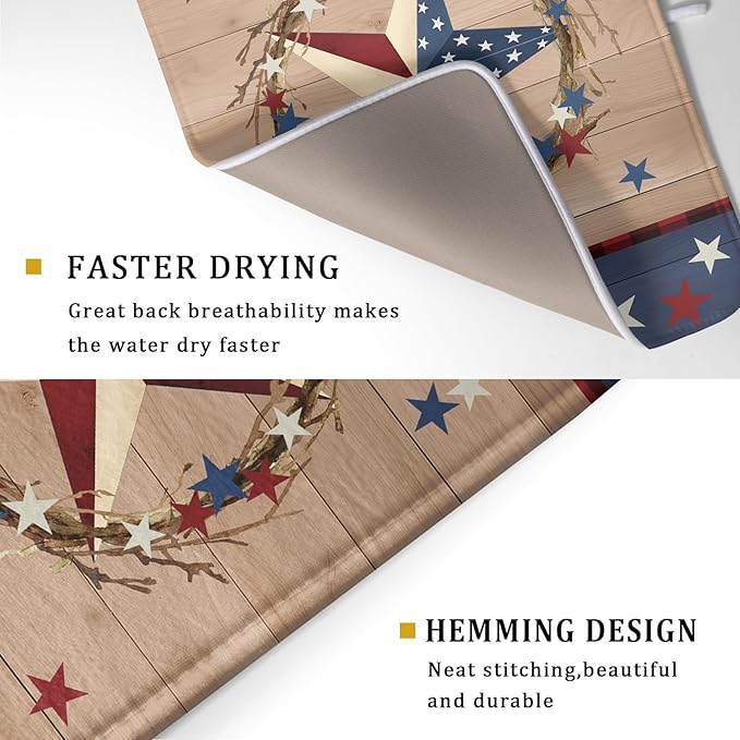 4th of July Dish Drying Mat for Kitchen Counter Patriotic Farmhouse Rustic Microfiber Absorbent Dish Draining Reusable Washable Foldable Extra Large 18"x24" - Image 3