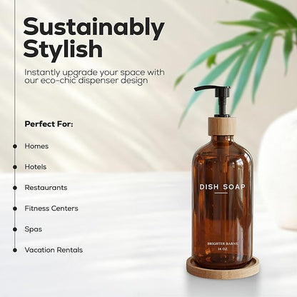 Amber Glass Dish Soap Dispenser for Kitchen Sink by Brighter Barns - Kitchen Soap Dispenser Set with Tray - Glass Bottle with Pump for Liquid - Boho Home Decor and Accessories for Restaurant (Amber) - Image 2