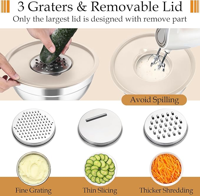 TeamFar Mixing Bowls, Stainless Steel Nesting Salad Bowls with Lids Set of 3 & 3 Grater Attachments, For Mixing/Serving/Storing, Non-toxic & Long-lasting, Size 4.6/3 / 1.5 QT, Khaki - Image 3