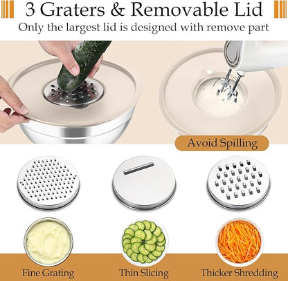 TeamFar Mixing Bowls, Stainless Steel Nesting Salad Bowls with Lids Set of 3 & 3 Grater Attachments, For Mixing/Serving/Storing, Non-toxic & Long-lasting, Size 4.6/3 / 1.5 QT, Khaki - Image 3
