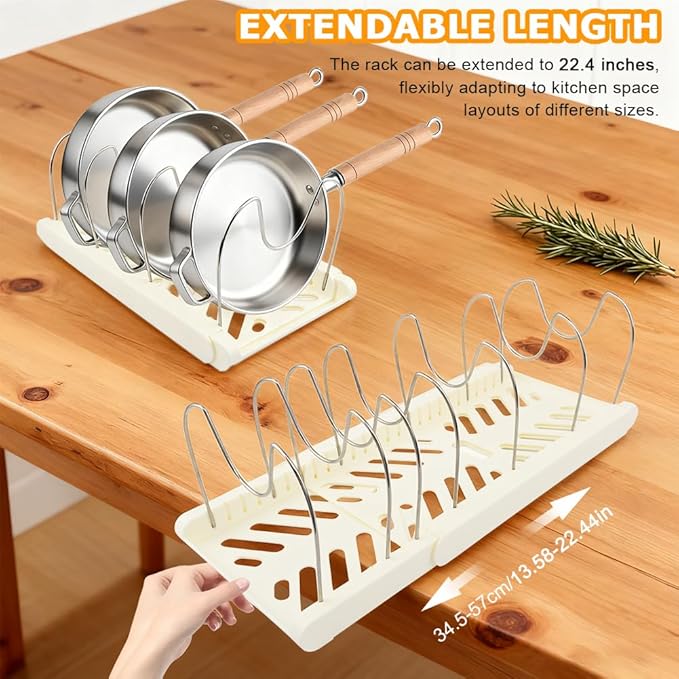 Expandable Pot and Pan Organizer Rack for Kitchen Cabinet or Under Sink,with 10 Adjustable Compartment 13"-23" Adjustable Length for Lids Bakeware Frying Rack and Cookware(COLOR:White)
