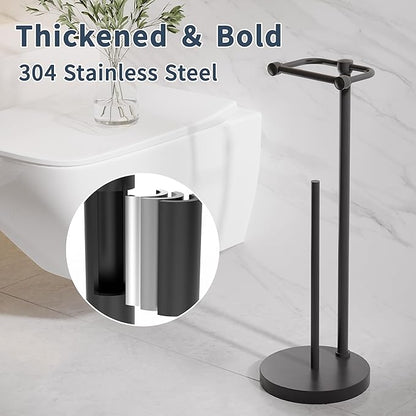 RARXTR Toilet Paper Holder Stand, Post Pivoting Design Free Standing Toilet Paper Holder with Storage for 4 Rolls, SUS304 Stainless Steel Tissue Holder with Reserve, Heavy-Duty Base (Matte Black)