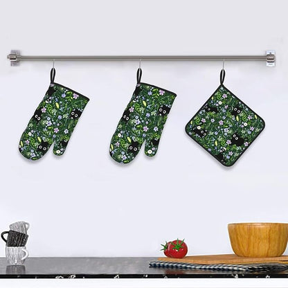 Spring Funny Black Cat Hot Pads and Oven Mitts Heat Resistant,Green Oven Gloves Pot Holders Set for Cooking Baking Grilling BBQ,Cute Cat Lover & Baking Gifts for Women