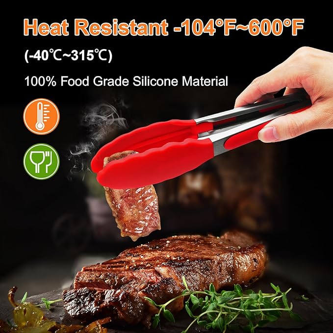 Premium Stainless Steel Heat Resistant Kitchen Tongs for cooking,set of 9" and 12" (Red),Non Scratch Silicone cooking Tong Tip for Cooking Pans,Strong Grip BBQ tongs for Grabbing Hot Food - Image 3