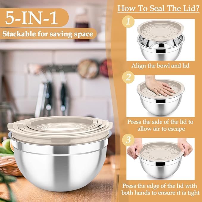 TeamFar Mixing Bowls, Stainless Steel Nesting Salad Bowls with Lids Set of 3 & 3 Grater Attachments, For Mixing/Serving/Storing, Non-toxic & Long-lasting, Size 4.6/3 / 1.5 QT, Khaki - Image 6