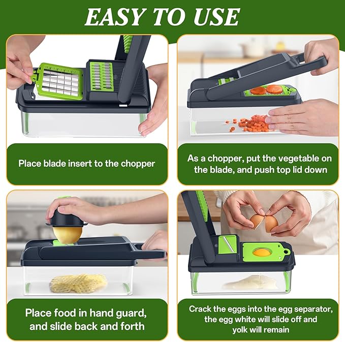 HomeHacks Vegetable Chopper Vegetable Cutter, 15 in 1 Kitchen Gadget, Dicer, Slicer, Onion Cutter, Salad, Cheese Grater & Egg Separator - Multi-Functional Veggie Chopper Lid with Handle (Green) - Image 6