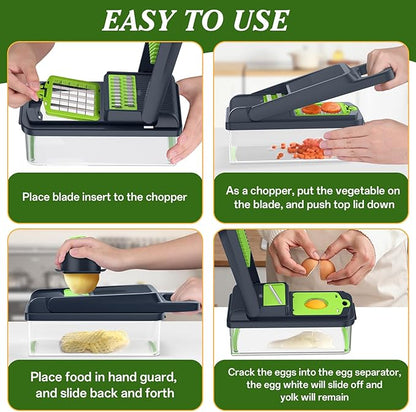 HomeHacks Vegetable Chopper Vegetable Cutter, 12 in 1 Kitchen Gadget, Dicer, Slicer, Onion Cutter, Salad, Cheese Grater & Egg Separator - Multi-Functional Veggie Chopper Lid with Handle (Green) - Image 6