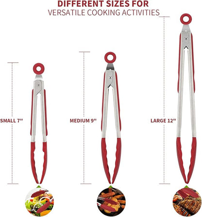 U-Taste Kitchen Tongs, 7/9/12 inches Cooking Tongs, with 600ºF High Heat-Resistant Non-Stick Silicone Tips, 18/8 Stainless Steel Handle, for Food Grill, Salad, BBQ, Frying, Serving, Pack of 3(Red) - Image 2