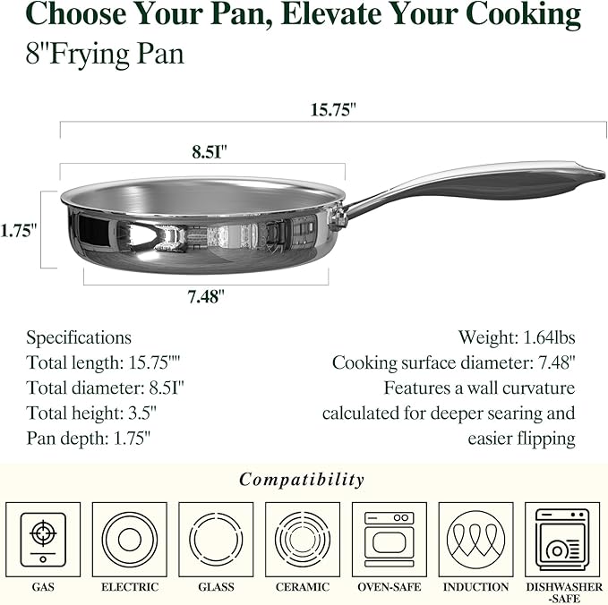 Umite Chef 5 Ply Stainless Steel Frying Pan 8 inch, Non Toxic Professional Stainless Steel Skillets, Dishwasher and Oven-Safe Chef Pan, PFOA&PTFE Free Cookware, Fast & Even Heat, Stay-Cool Handle - Image 2