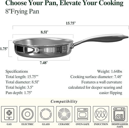 Umite Chef 5 Ply Stainless Steel Frying Pan 8 inch, Non Toxic Professional Stainless Steel Skillets, Dishwasher and Oven-Safe Chef Pan, PFOA&PTFE Free Cookware, Fast & Even Heat, Stay-Cool Handle - Image 2