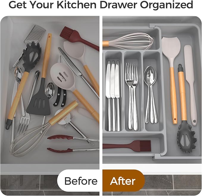 ukeetap Extra Large Expandable Silverware Organizer, BPA-Free Food-Safe Cutlery Flatware Organizer, Kitchen Utensil Drawer Organizer, Adjustable Silverware Holder for Spoons Forks Knives, Gray - Image 6