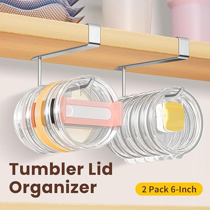 2 Pack Tumbler Lid Organizer, Under Cabinet Cup Lid Holder for Yeti Insulated Mug/Stanley Insulated Mug/Simple Modern Insulated Mug Lid, No Gluing, No Drilling, Up to 10 Lids (Stainless Steel) - Image 2