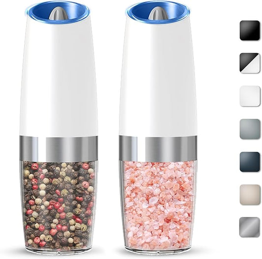 Gravity Electric Salt And Pepper Grinder Set, Automatic Salt And Pepper Grinder Set, Battery Powered (6 AAA Batteries Each), Adjustable Roughness, LED Light, 2 Pack, (White) by KIARYUOLL