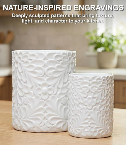 25DOL Large 7.3"+5.4" Engraved Ceramic Utensil Holder for Countertop, Cooking Utensils Organizer for Spatula, Large Utensils Crock for Kitchen Counter, Kitchen Decor, set of 2, White - Image 3