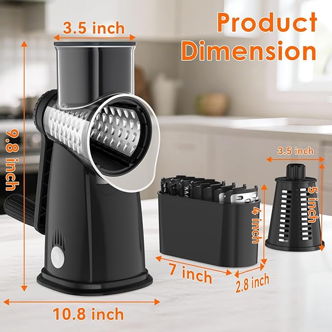 MealHelper 5 Blade Rotary Cheese Grater and Vegetable Chopper with Storage Box and Hand Crank, Compact Shredder for Cheeses, Veggies, Nuts - Easy to Use, Non-slip Suction Base,Black - Image 8