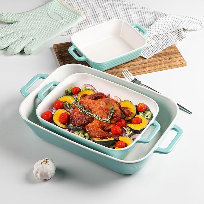 Sweejar Relief Casserole Dishes for Oven, Ceramic 9x13 Baking Pans Set for Cooking, Cake, Banquet and Daily Use, Rectangular Bakeware Set, Porcelain Baking Dish, Lasagna Pan Deep with Handles(Turquoise) - Image 3