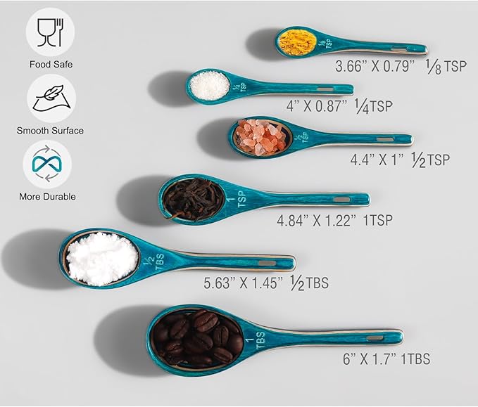 6pcs Measuring Spoons Set, Unique Pakkawood Measuring Spoons Includes 1/8 tsp, 1/4 tsp, 1/2 tsp, 1 tsp, 1/2 tbsp & 1 tbsp for Cooking & Baking, Cute Kitchen Gadgets Gift(Turquoise Blue) - Image 7