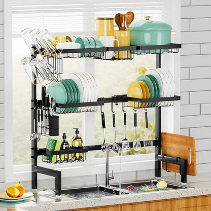 Over The Sink Dish Drying Rack,Expandable Length 3-Tier Large Stainless Steel Over The Sink Dish Rack with 6 Baskets, Utensil Holder Dish Drainers for Kitchen Counter by HOWDIA