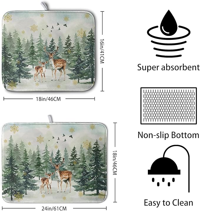 Reindeer Tree Snowflakes Christmas Dish Drying Mats for Kitchen Counter 18x24 Inch Winter Forest Dish Drainer Mats Absorbent Reversible Dish Draining Microfiber Dishes Drying Pad - Image 2