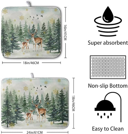 Reindeer Tree Snowflakes Christmas Dish Drying Mats for Kitchen Counter 18x24 Inch Winter Forest Dish Drainer Mats Absorbent Reversible Dish Draining Microfiber Dishes Drying Pad - Image 2