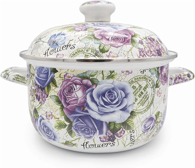 Enamel Stockpot with Lid, 2.5 Quart Retro Cooking Pot, Vintage Floral Stew Bean Simmer Pot with Handle, Kitchen Soup Pot,Retro Classic Design by OLYTARU