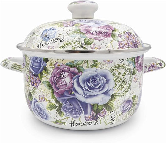 Enamel Stockpot with Lid, 2.5 Quart Retro Cooking Pot, Vintage Floral Stew Bean Simmer Pot with Handle, Kitchen Soup Pot,Retro Classic Design by OLYTARU