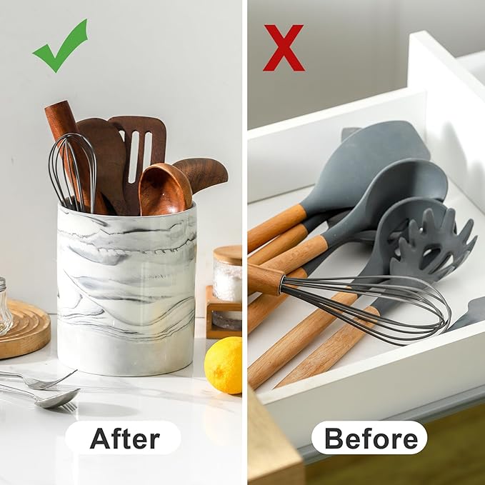 7.2 inch Large Utensil Holder for Kitchen Counter, Golden Marble Utensil Crock Spatula Holder for Countertop Cooking Tools Storage Caddy Farmhouse Kitchen Decor (Marble-Grey) - Image 6