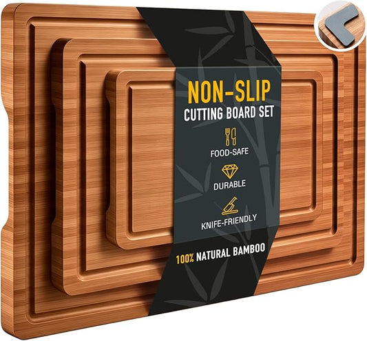 3 Pack Bamboo Cutting Board Set with Non Slip Feet Solid Wood Cutting Boards for Kitchen Non Toxic Wooden Chopping Boards Small Plastic Free Butcher Block Hardwood Serving Cheese Charcuterie Board