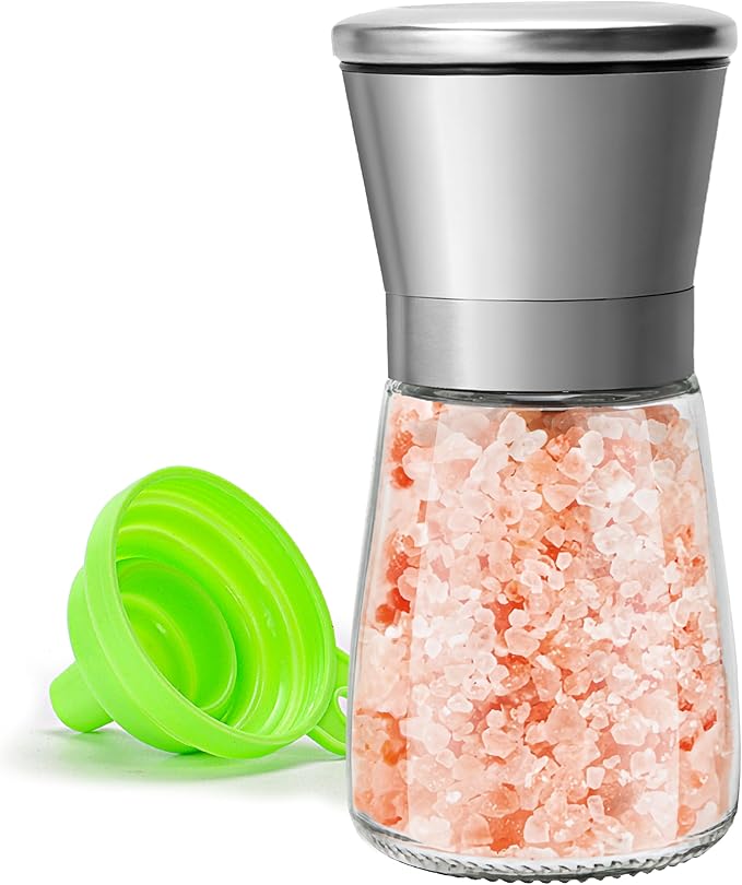 Manual Salt or Pepper Grinder for Professional Chef, Best Spice Mill with Stainless Steel Cap, Ceramic Blades and Adjustable Coarseness, Refillable Glass Body with 6OZ Capacity by MJINGMEI