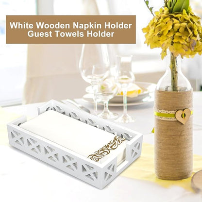 Guest Towel Holder Tray for Bathroom Napkin Holder Modern Disposable Hand Towel Holder Basket White Wooden Napkins Holder for Table Paper Rustic Bathroom Towel Tray Flat Wood Dinner Napkin Holder