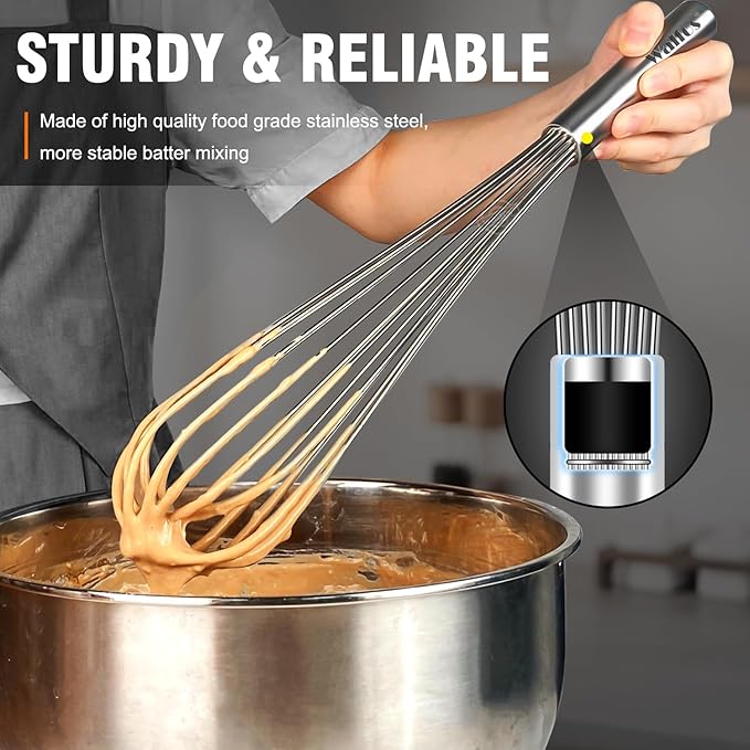 Walfos Whisks Large Whisk Set of 2, Heavy Duty Stainless Steel Wire Whisk Ideal For Beating Eggs, Mixing Batter & Blending Sauces.（13in+17in) - Image 7