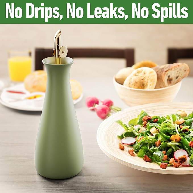 Ceramic Olive Oil Dispenser with Self-Closing Gold Spout - 530 ML Capacity Matte Green Ceramic Oil Dispenser for Kitchen - Leak Proof EVOO Dispensing Bottle - Stylish, Ergonomic, Durable, Easy Pour - Image 4