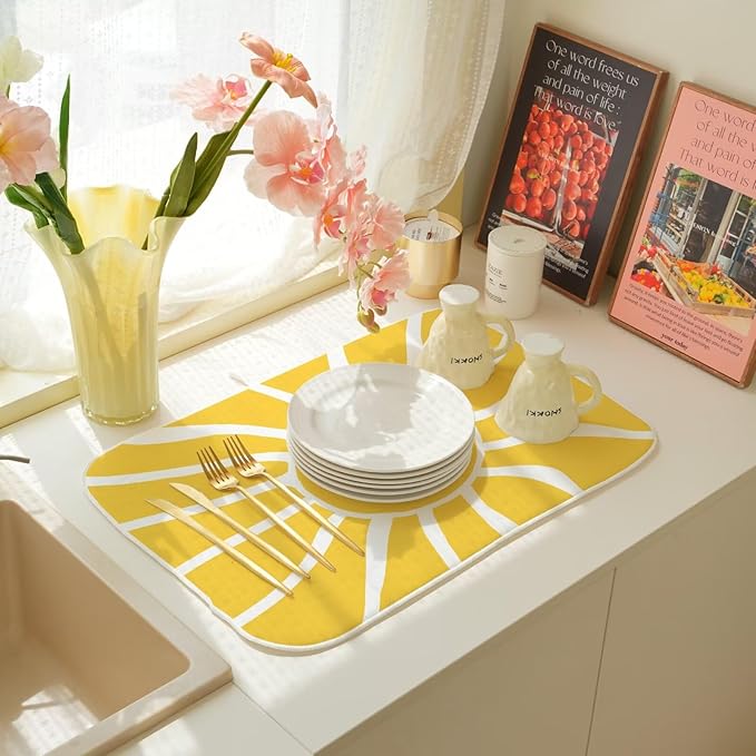 Summer Dish Drying Mat 18 x 24 inch, Yellow Sunshine Decorative Decorative Drying Mats Microfiber Absorbent Dish Washable Draining Mat for Kitchen Counter Decor