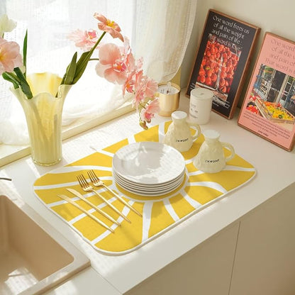 Summer Dish Drying Mat 18 x 24 inch, Yellow Sunshine Decorative Decorative Drying Mats Microfiber Absorbent Dish Washable Draining Mat for Kitchen Counter Decor