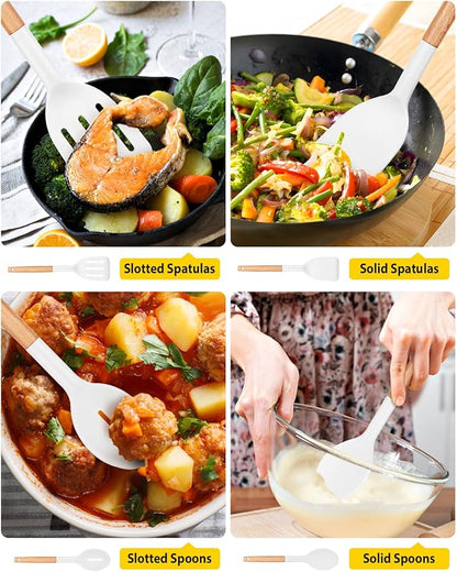 Pack of 4 Silicone Cooking Utensils Set, Non Stick Solid Spatulas and Heat Resistant Slotted Spoons with Wooden Handle, Ideal Wood Kitchen Utensils Set for Frying,Serving,Turning,Stirring (WHITE) - Image 5