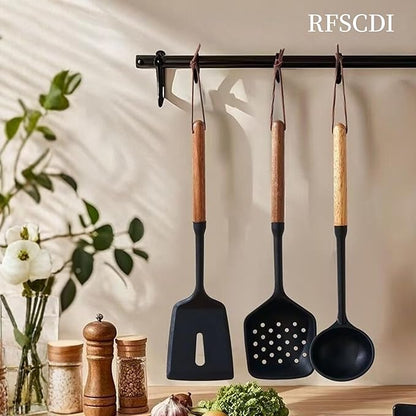 Exquisite Silicone Cooking Utensils Set - Non-Toxic, Heat-Resistant Kitchen Utensils Set with Food-Grade Silicone & Wood Handles - Includes Spatula & Spoon for Non-Stick Cookware, Black - Image 7