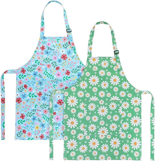 2 Pack Kids Apron, Cute Cooking Aprons, Waterproof Art Apron with Pockets, Toddler Painting Artist Apron Adjustable