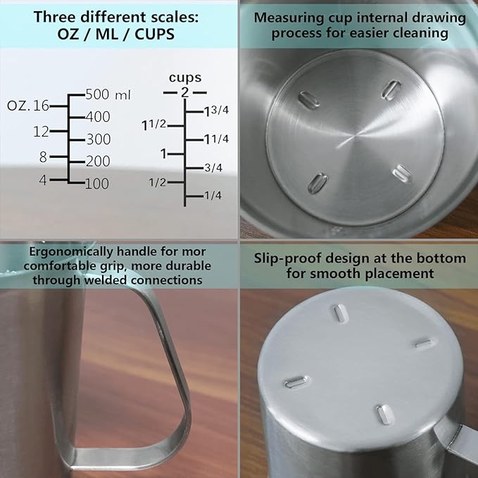 Newness Stainless Steel Measuring Cup, Metal Measuring Cup with Handle (Upgraded, 3 Marking Including Cup/ML/Ounce Scale), 16 Ounces (0.5 Liter, 2 Cup) (Pack of 2) - Image 3
