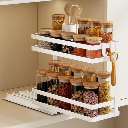 Magheo Pull Out Spice Rack Organizer for Cabinet, 1 Pack Metal Seasoning Organizer Slide Out Spice Storage Shelf No Assembly Vertical Spice Rack Pullout for Kitchen & Bahthroom No Drill(2 Tier,White) by COMFORTYOURHOME