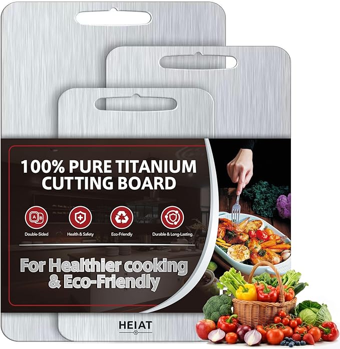Titanium Cutting Board Set of 3, 100% Pure Titanium Cutting Boards for Kitchen, Non-Toxic, Double-Sided Chopping Boards for Raw & Cooked Food, Handles Included, Dishwasher Safe(M+L+XL) by Unknown