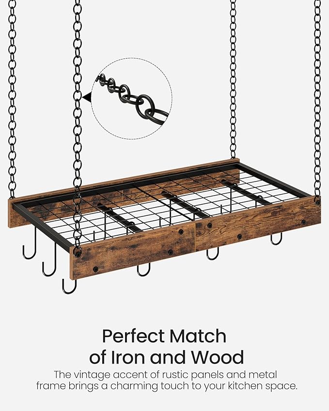 CHOEZON Hanging Pot Rack, Vintage Pot Hangers for Kitchen, Ceiling Mounted Pot Rack, Pot and Pan Hanging Rack with 12 S-Shaped Hooks, for Cookware Storage, Rustic Brown and Black TPR01BF - Image 6