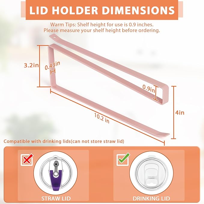 Tumbler Lid Organizer, Horizontal Tumbler Lid Storage Hook Up to 10 Lids, Space Saving Cup Lid Holders Under Cabinet Tumbler Lid Hook for Kitchen Organizer and Storage, Paper Towel Rack Hanger (Pink) - Image 3