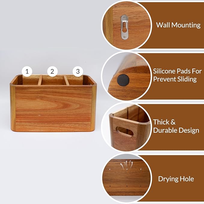 Wooden Kitchen Utensil Holder Organizer for Counter or Countertop, Large Wooden Utensil Holder for Storage Cooking and Silverware with 3 Compartment, Acacia Rustic Wood Container Extra Large - Image 4